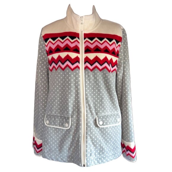 Talbots Womens Fleece Jacket Medium Zigzag Pattern Red & Gray - Picture 1 of 8